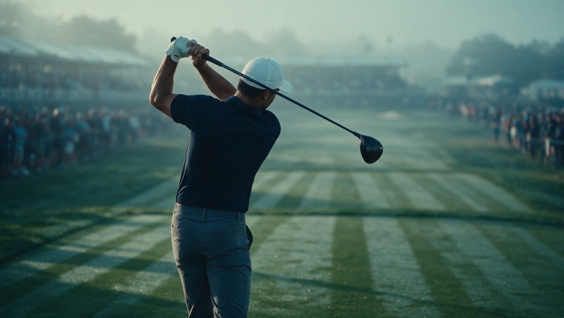 A professional golfer at the top of his backswing on a misty tournament fairway, filmed like a TV broadcast